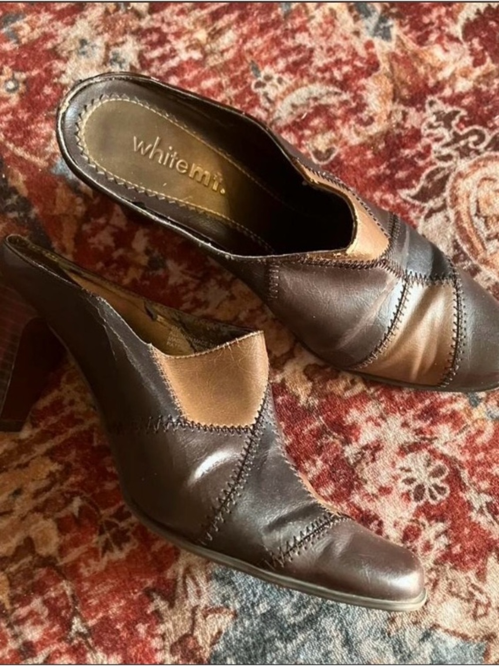Brown Leather Patchwork Slingback Heels - Brown